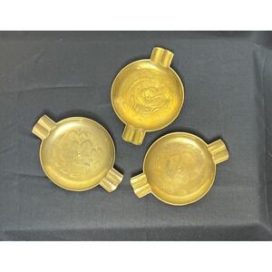 Vtg Ornate Brass India Etched Floral Ashtray Round 4 Slots Handmade‎ Set of 3